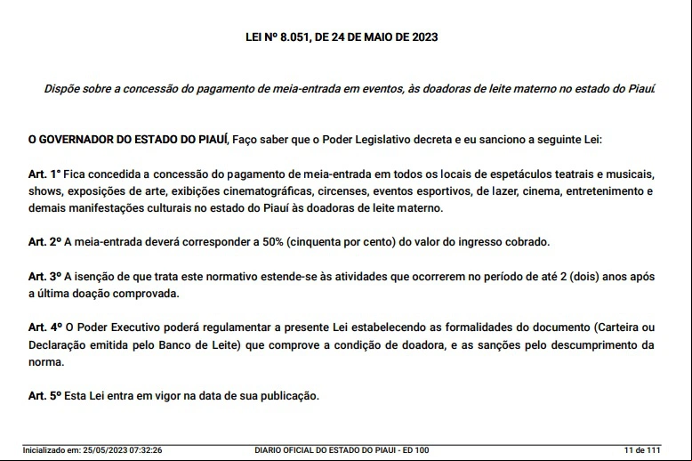 Lei Nº 8.051, DE 24 DE MAIO DE 2023, Meia-entrada para doadoras de leite materno no Piauí.